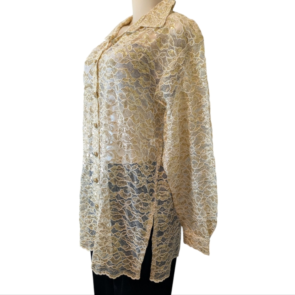 Vintage Class Gold Lamé Sheer Cream Lace Buttondown Women's Flowy Top Medium